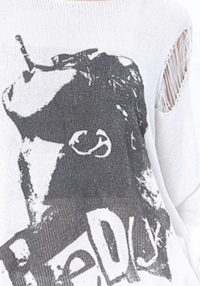 【ROY11】Myriad Damage Design White Color Grunge Illustration Long Sleeve T-Shirt  RY0013