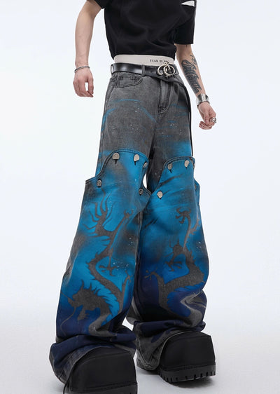 [Culture E] Blue flame design on hem area Brightly colored dull denim pants CE0127