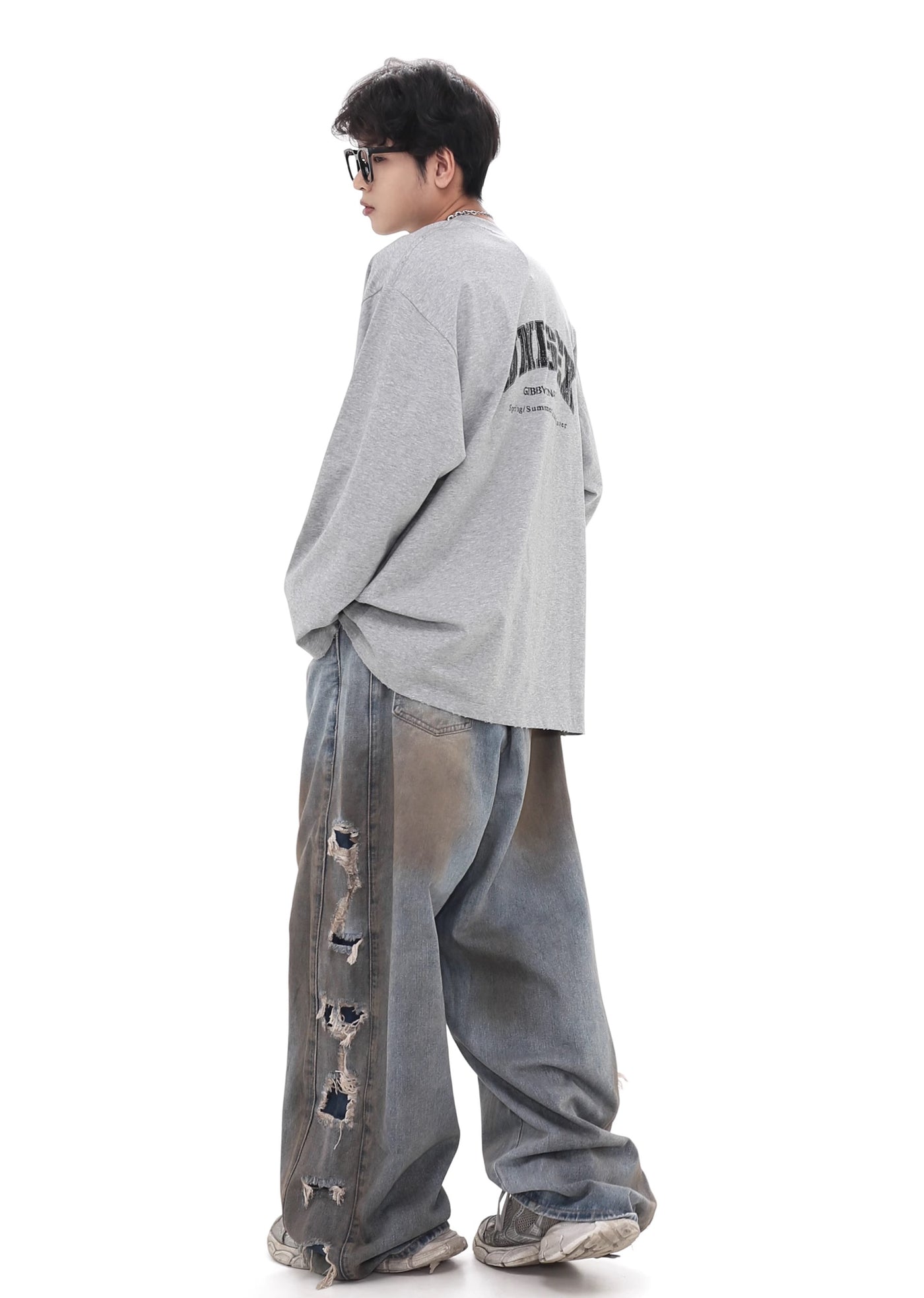 【GIBBYCNA】Grunge style stain design draw damage wide denim pants  GC0017