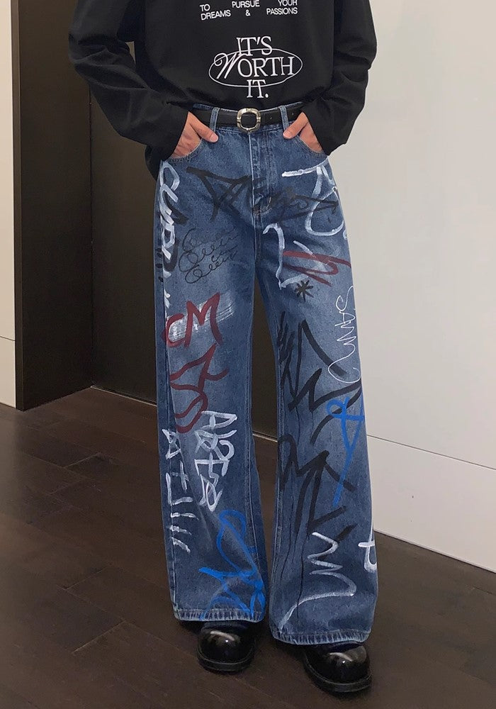 【CUIBUJU】Countless graffiti design casual street wide denim pants  CB0052