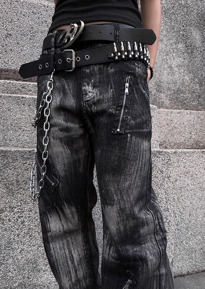 【TR BRUSHSHIFT】Wide silhouette dull black wash color denim pants  TB0044