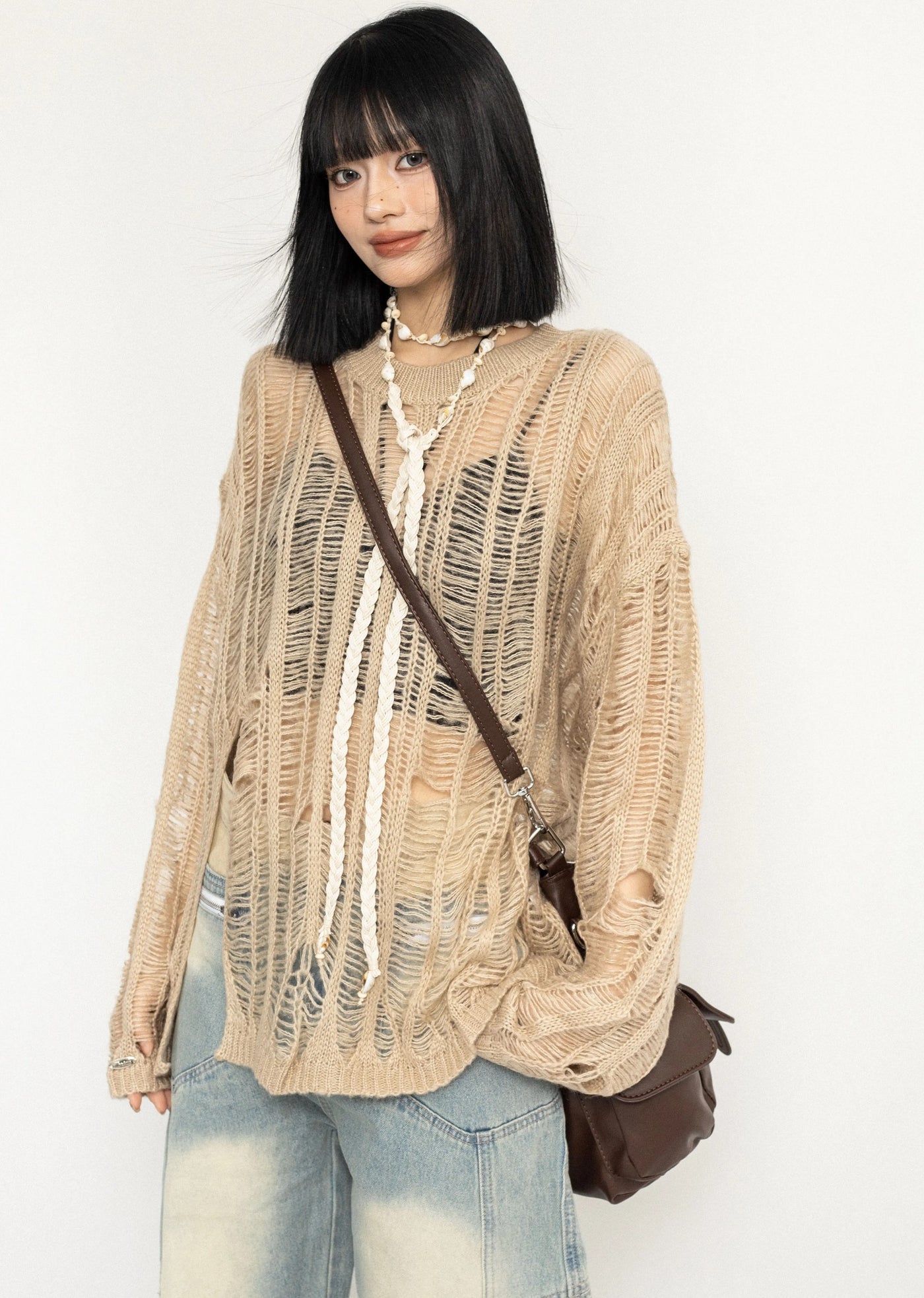 【ZERO STORE】Over-distressed grunge-style see-through knit sweater  ZS0045