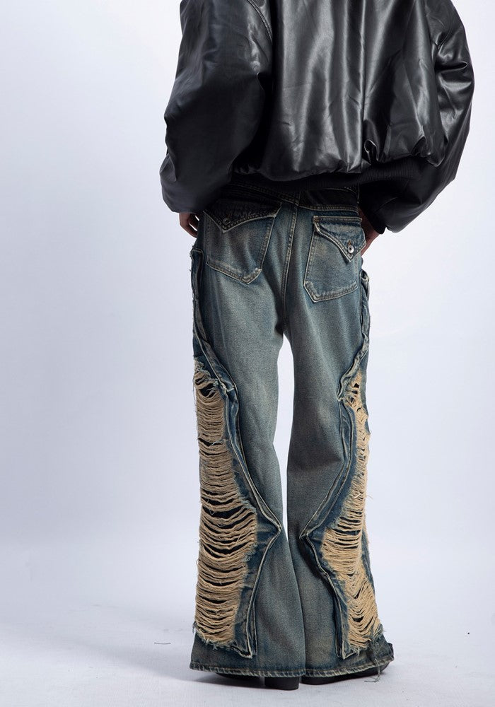 【PLAN1ONE】Side damage processing gimmick design wide straight denim pants  PL0038