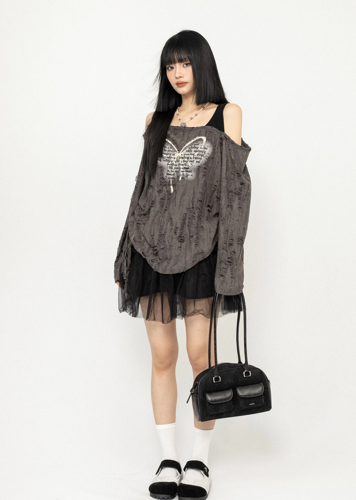 【ZERO STORE】Grunge butterfly design distressed knee cut sweater  ZS0044