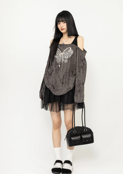 【ZERO STORE】Grunge butterfly design distressed knee cut sweater  ZS0044