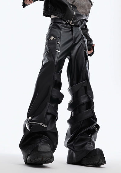 【Culture E】High-level gimmick silhouette leather design wide pants  CE0153