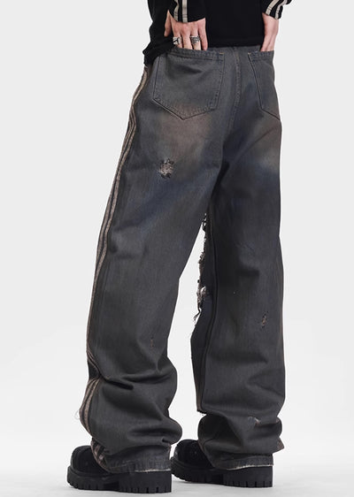 【VINMUK】Frayed and distressed side line design dull denim pants  VM0010