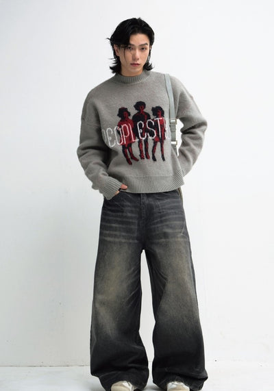 【People Style】Front art design initial logo just knit sweater  PS0048