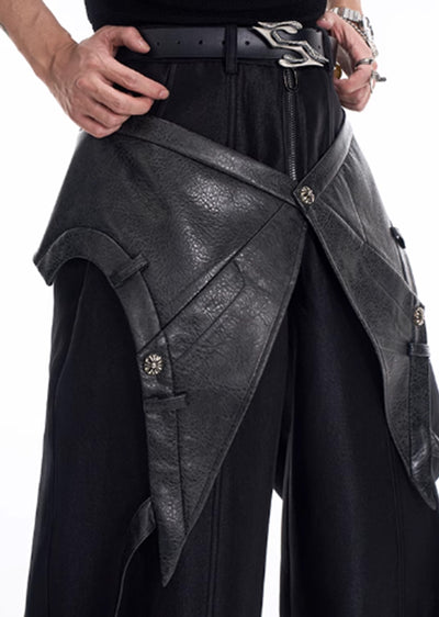 【STARTEXCEEDEND】Leather plus slacks fabric design gimmick wide pants  SC0002