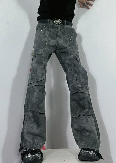 [76street] Dull grunge style vintage processed slim cargo denim pants ST0003