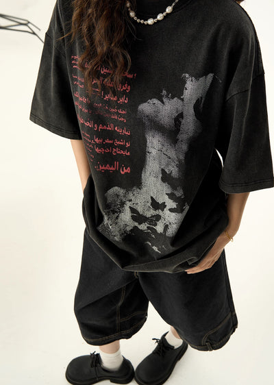 [H GANG X] Dull smoke design over silhouette monotone short sleeve T-shirt HX0047