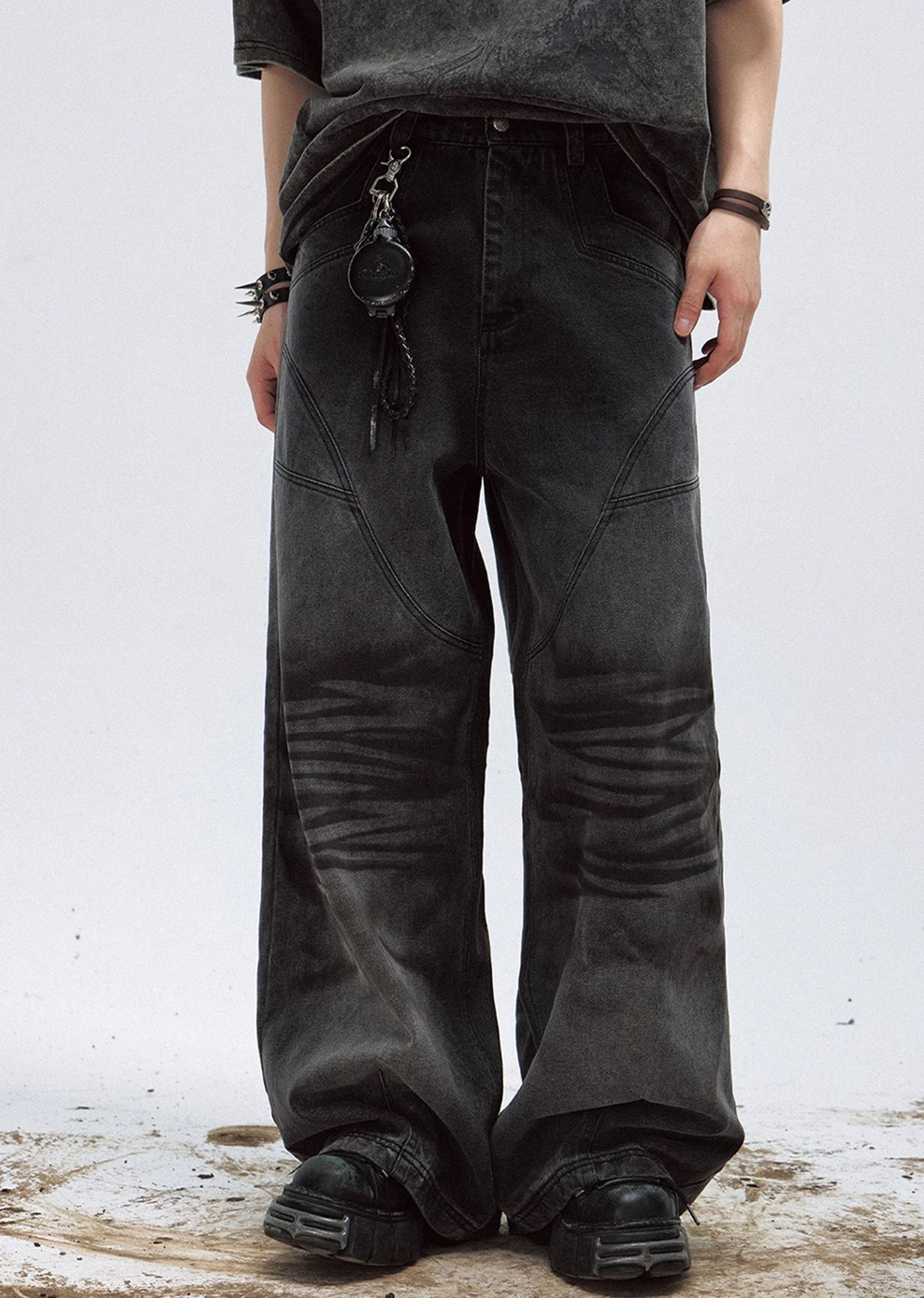 【People Style】Dull basic color black wide silhouette denim pants  PS0030