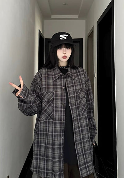 【W3】Basic dark color check pattern design long sleeve shirt  WO0085