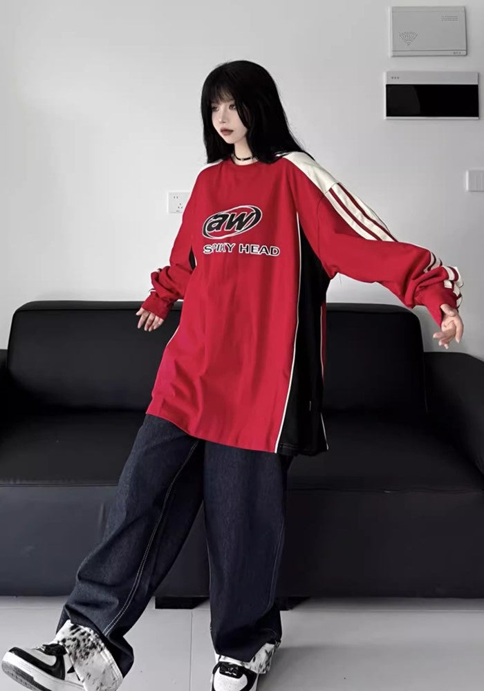 【W3】Bright color double design line initial long sleeve T-shirt  WO0069