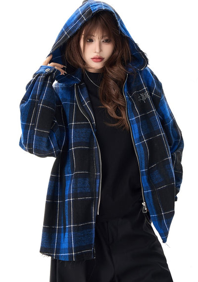 【H GANG X】Back print blue navy color check design full zip hoodie  HX0097