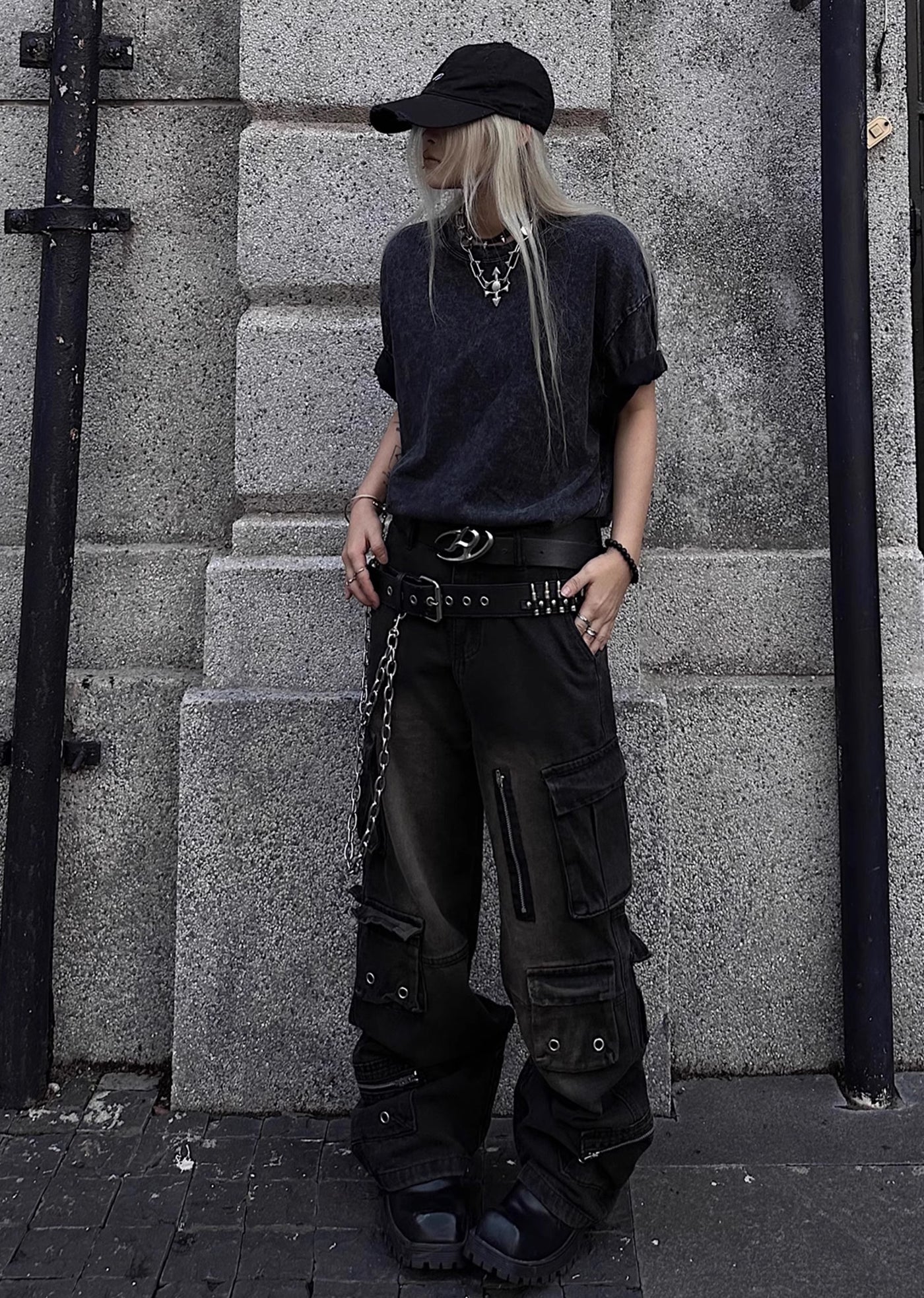 【TR BRUSHSHIFT】Multi-pocket design wide over black cargo denim pants  TB0041