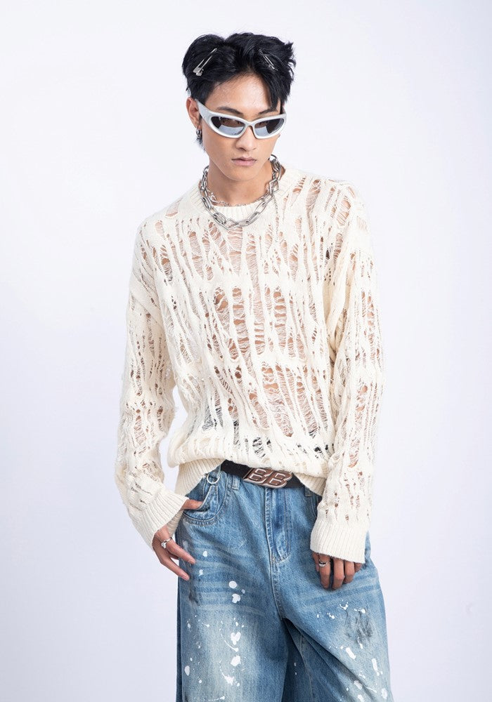 【PLAN1ONE】Mesh-like fully distressed accent fleur knit sweater  PL0044