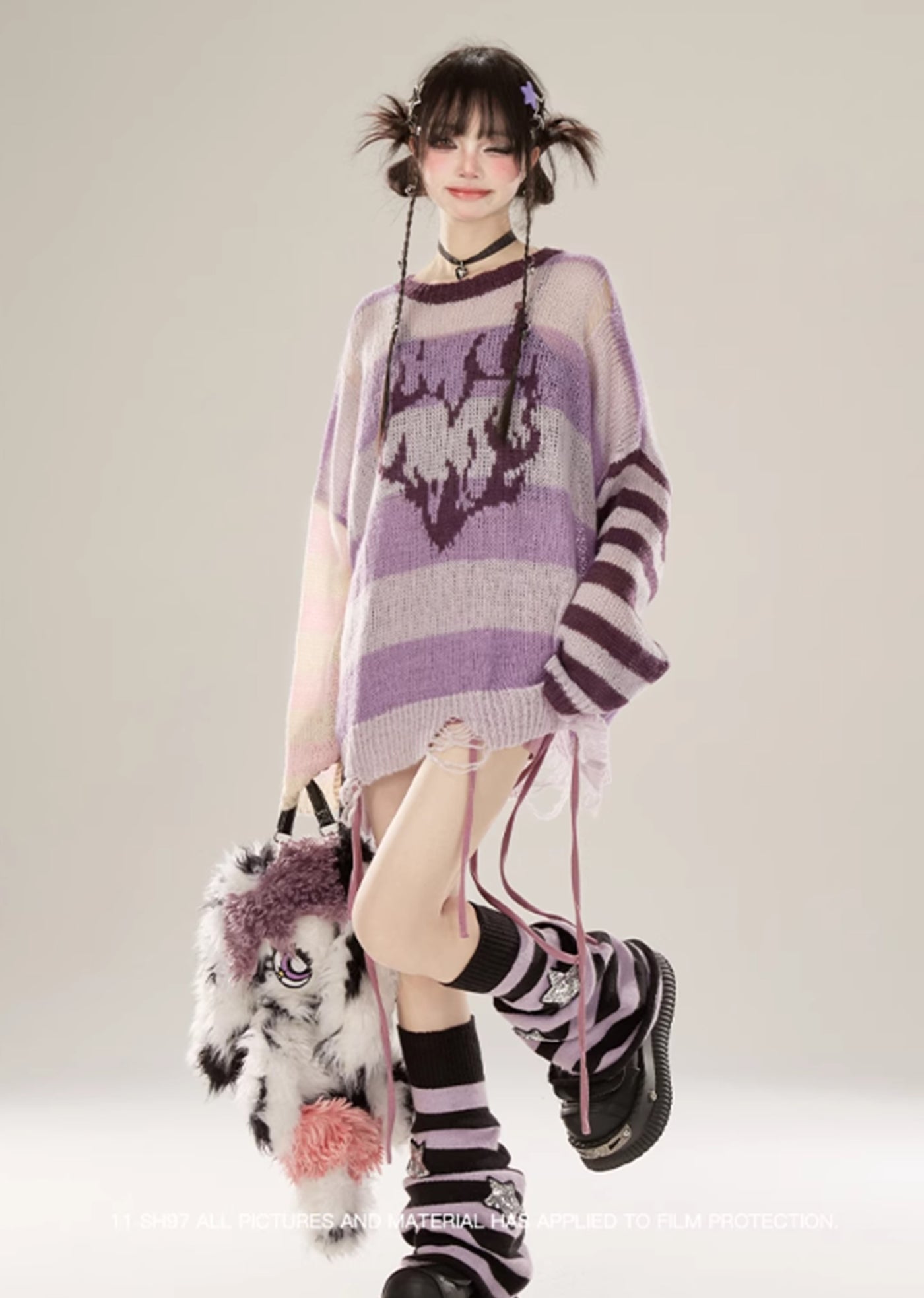 【Eleven shop97】Pastel color border design thin knit sweater  ES0016
