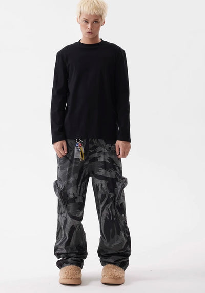 【BTSG】Wide silhouette random dark color base cargo denim pants  BS0029