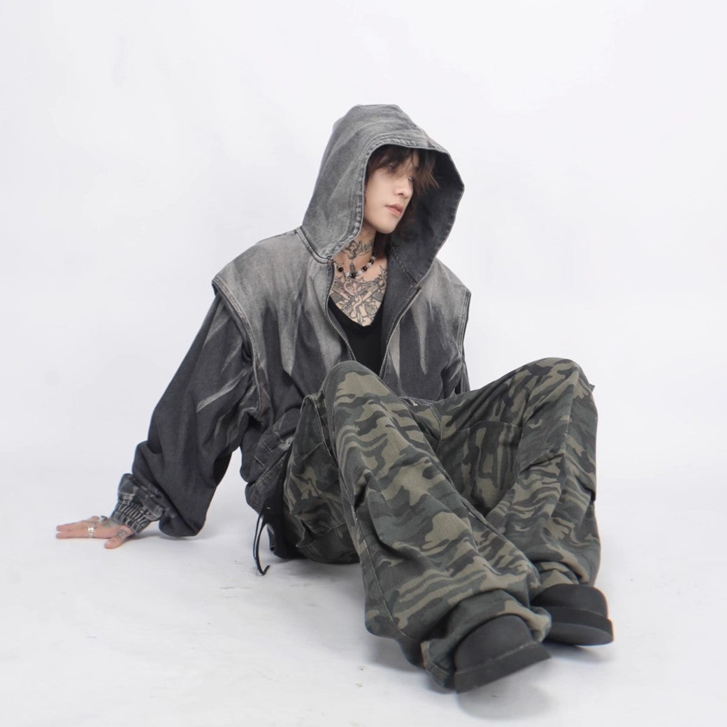 【Mz】Grunge monotone wash design full zip hoodie  MZ0027