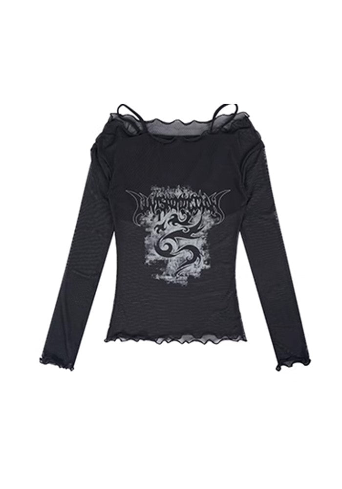 【BLACK BB】Sheer design collar tight silhouette long sleeve T-shirt  BK0045