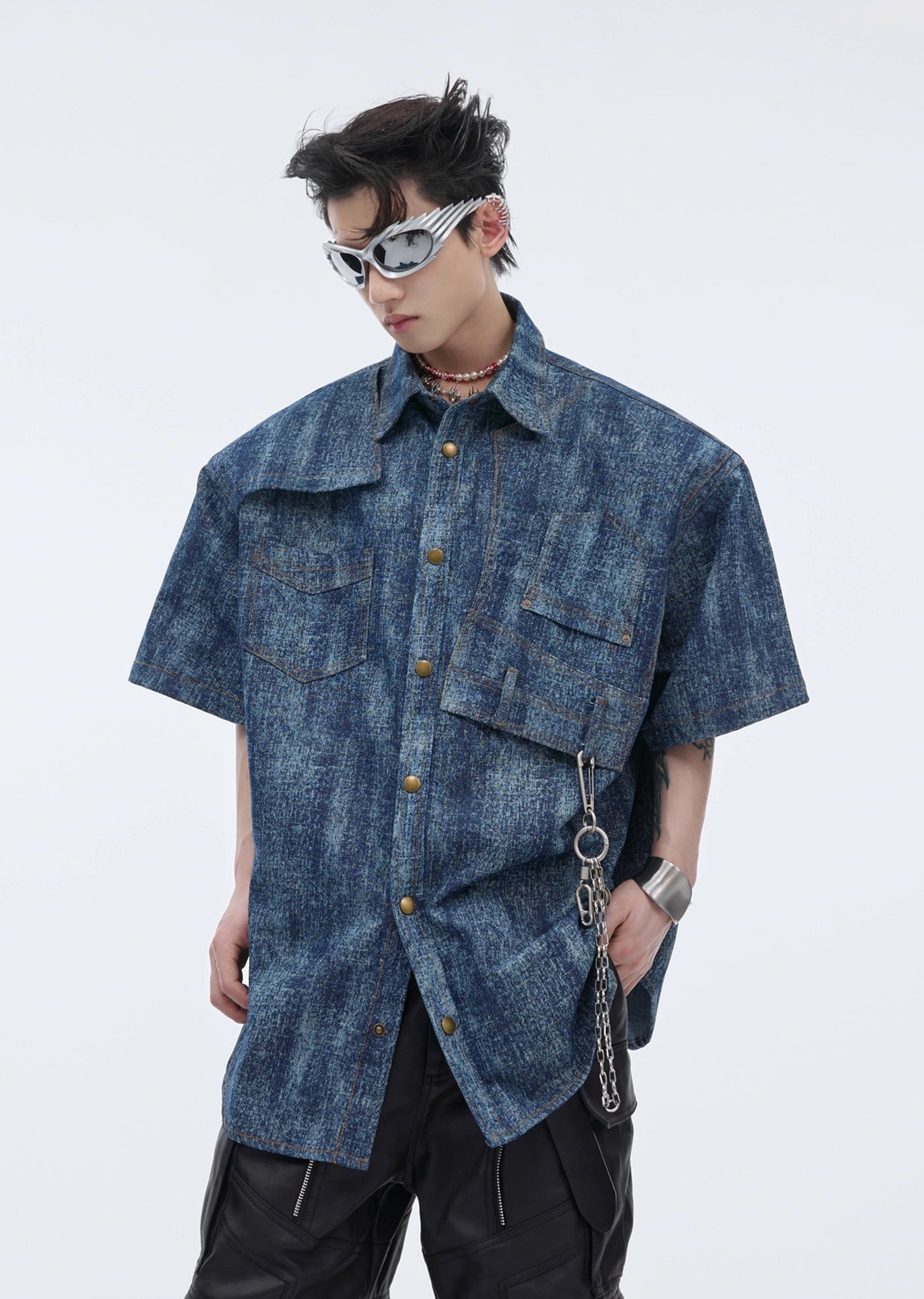 [Culture E] Dull blue color, stylish over-stripe short-sleeved shirt CE0123