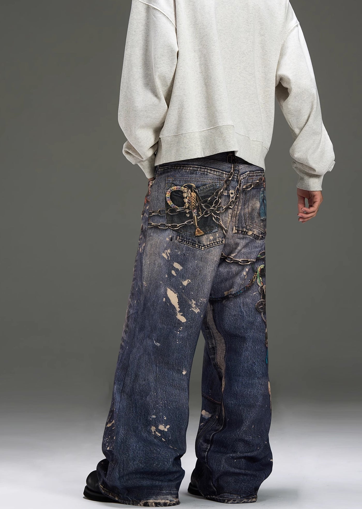 【MAXDSTR】Multi-illustration design changing silhouette dull denim pants  MD0168