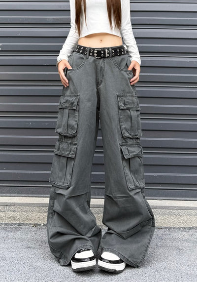 【W3】Double pocket wide silhouette base muted color cargo pants  WO0082