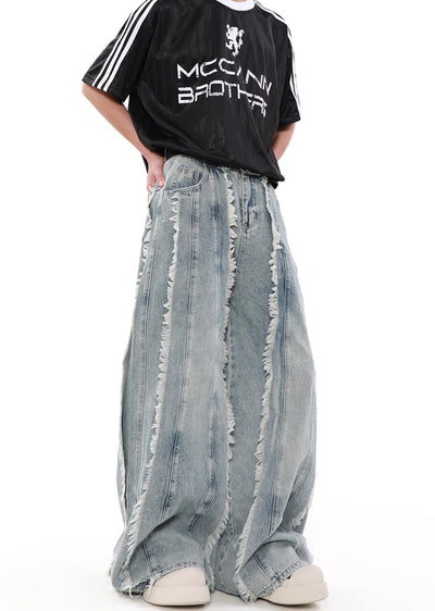 【MR nearly】Full fringe design wide vintage denim pants  MR0109