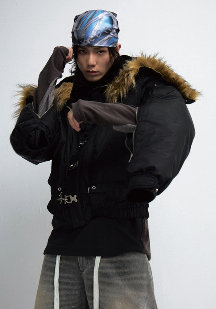 【People Style】Faux fur hood design double gimmick belt type jacket outerwear  PS0051