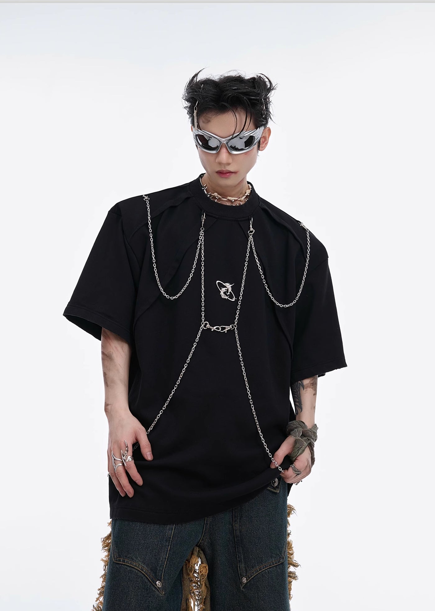 【Culture E】Multi-wave chain design mode accent short sleeve T-shirt  CE0137