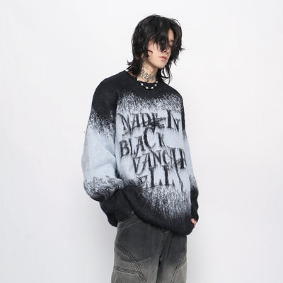 【Mz】Distorted Initial Front Design Blue Black Knit Sweater  MZ0042