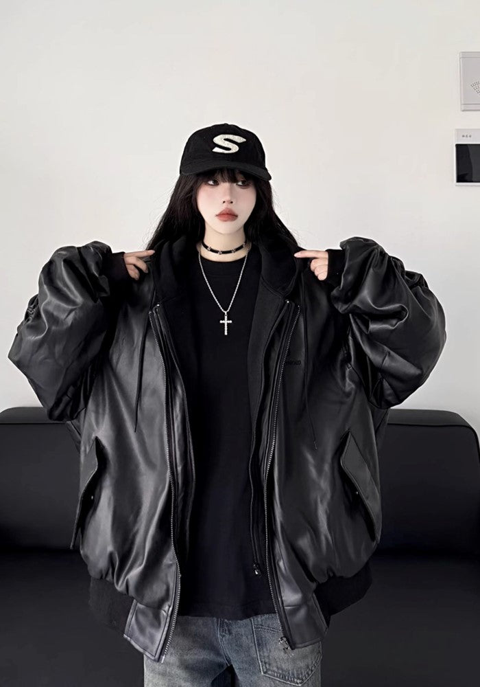 【W3】Hoodie plus faux leather style black jacket  WO0080