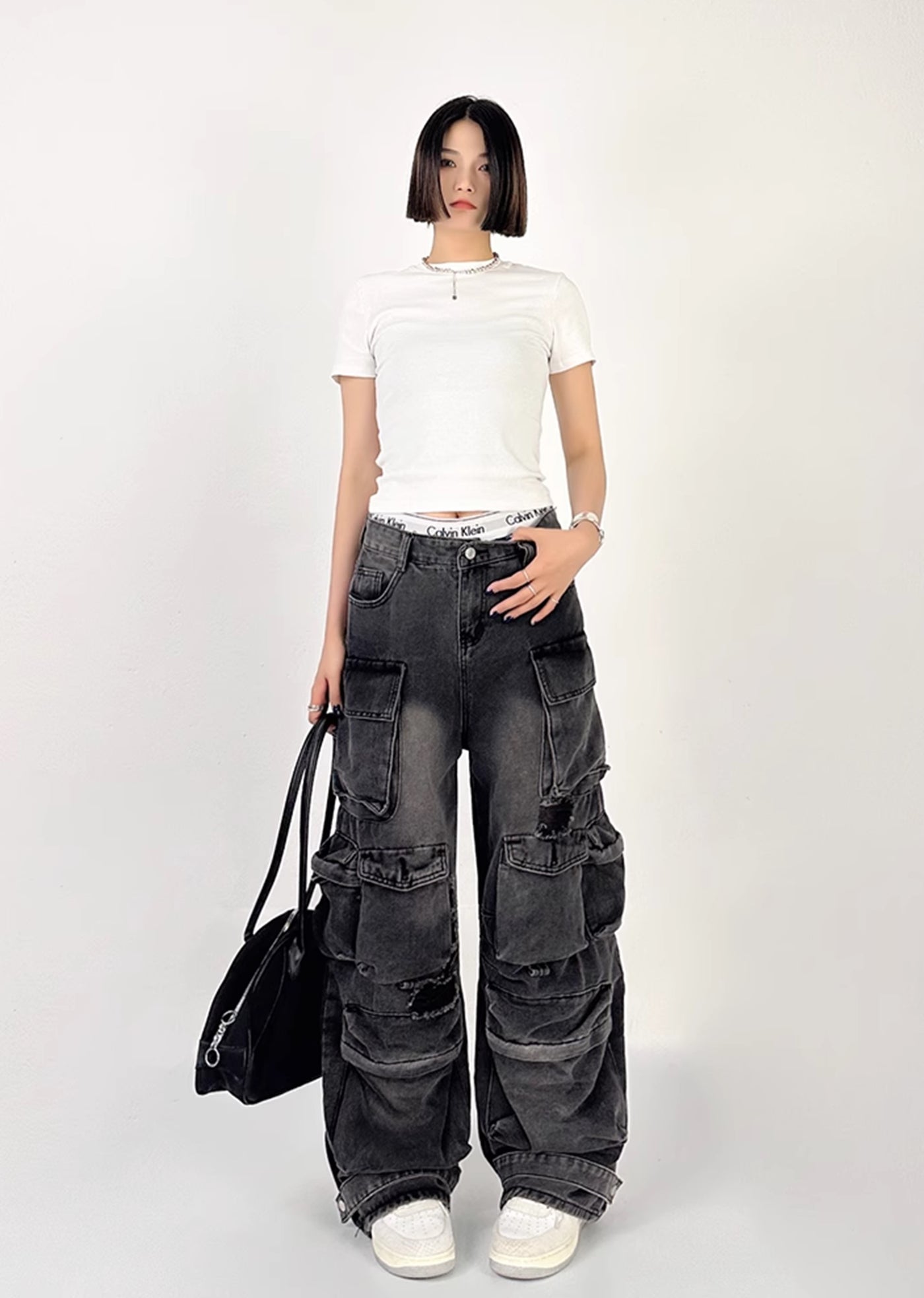 Countless pocket design dull color wide bold denim pants  HL3040