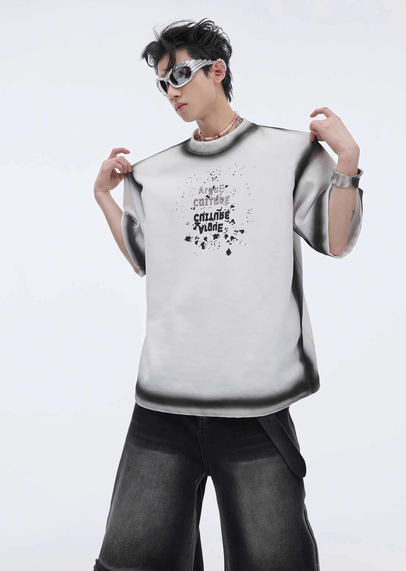 【Culture E】Monotone black accent color design lines short sleeve T-shirt  CE0121