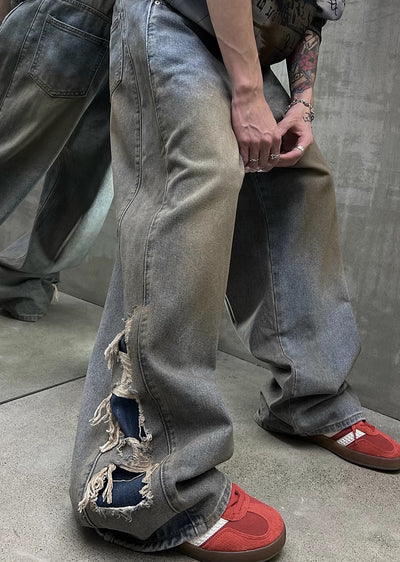 【SOULWORKER】Dull wash finish soil stain color wide denim pants  SW0023