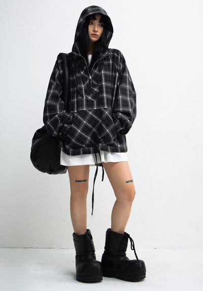 【People Style】Regular dark base color check design half zip hoodie  PS0049