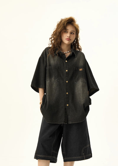 【H GANG X】Dull washed loose silhouette mature style short sleeve denim shirt  HX0060