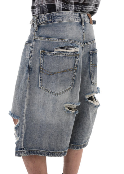 【GIBBYCNA】Double knee cut damaged design short silhouette denim pants  GC0013