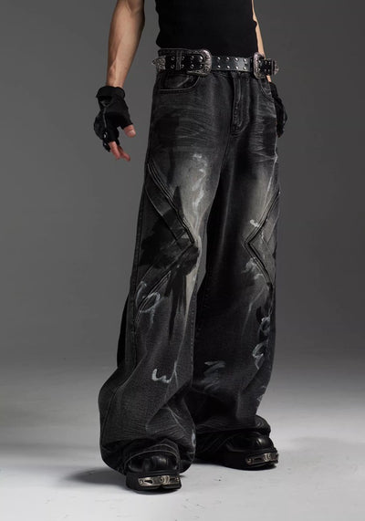 【NOMANIAI 】Blood Darkness Design Color Flame Wide Denim Pants  NA0004