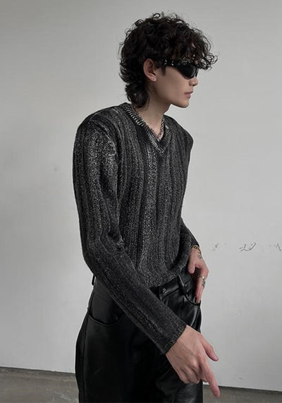 【SOULWORKER】Vertical stripe mid-wash loose style knit sweater  SW0033