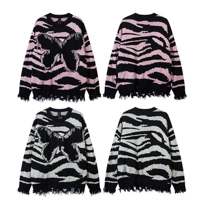 【Mz】Front fringe butterfly design mid-length distressed knit sweater  MZ0046