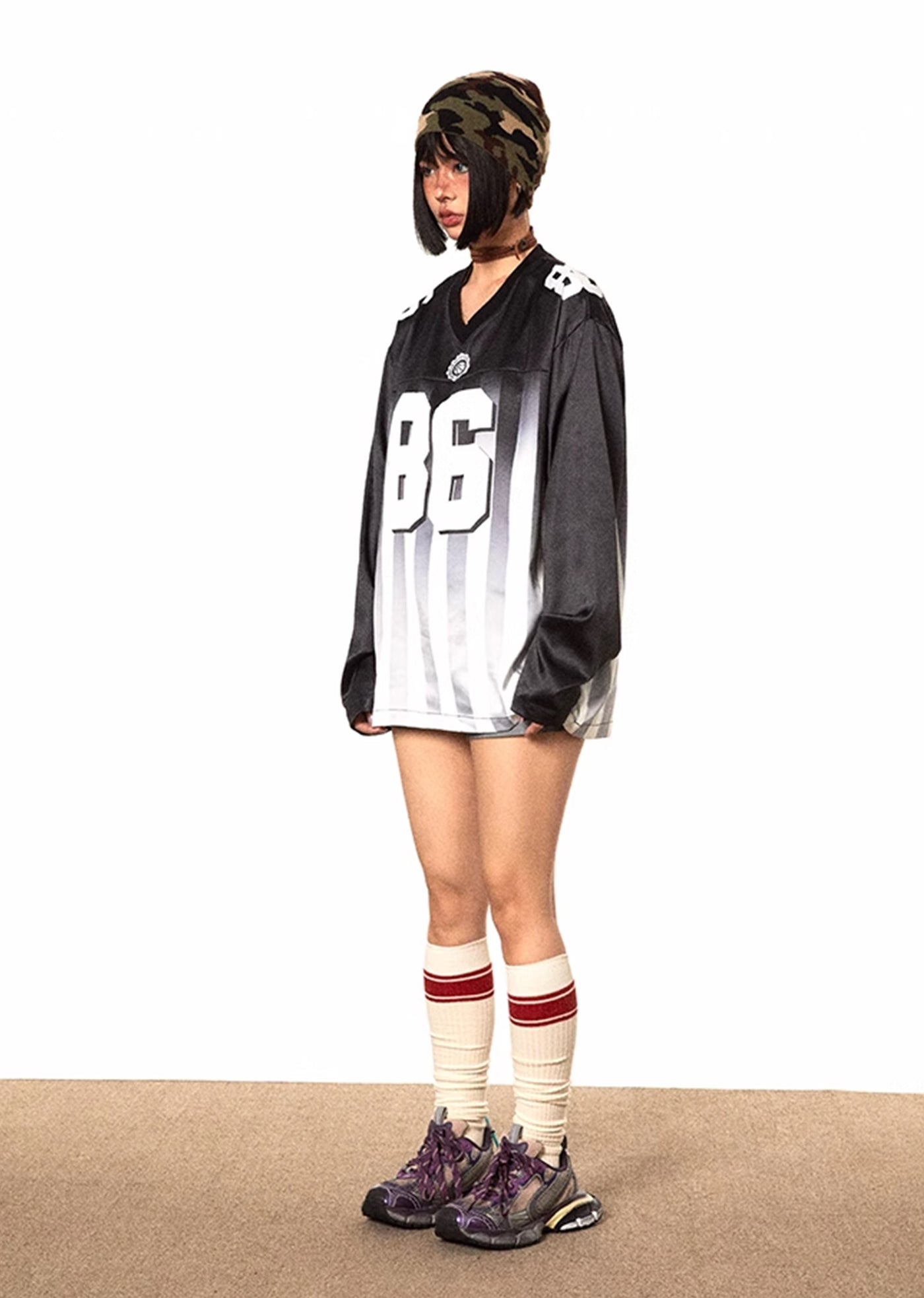 【BLACK BB】Number Initial Gaming Sporty Line Design Long Sleeve T-Shirt  BK0038