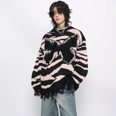 【Mz】Front fringe butterfly design mid-length distressed knit sweater  MZ0046