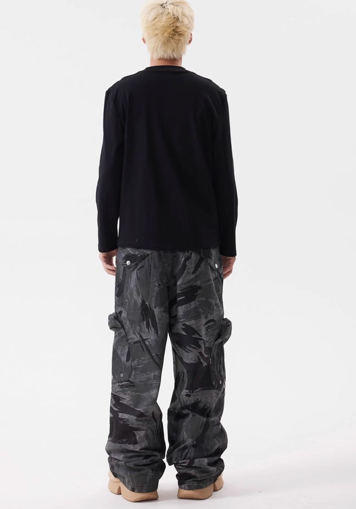 【BTSG】Wide silhouette random dark color base cargo denim pants  BS0029