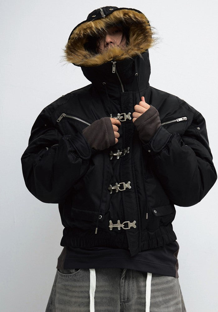 【People Style】Faux fur hood design double gimmick belt type jacket outerwear  PS0051