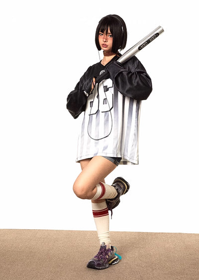 【BLACK BB】Number Initial Gaming Sporty Line Design Long Sleeve T-Shirt  BK0038