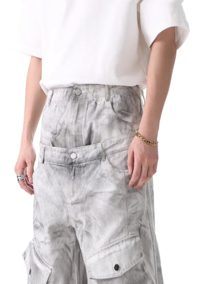 【H GANG X】Double waist white balance color wide denim pants  HX0084