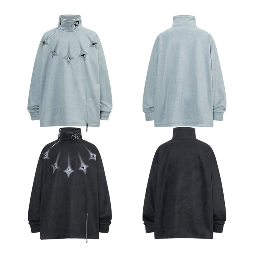 【NIHAOHAO】Diagonal half-zip design high neck style mode long sleeve T-shirt  NH0173