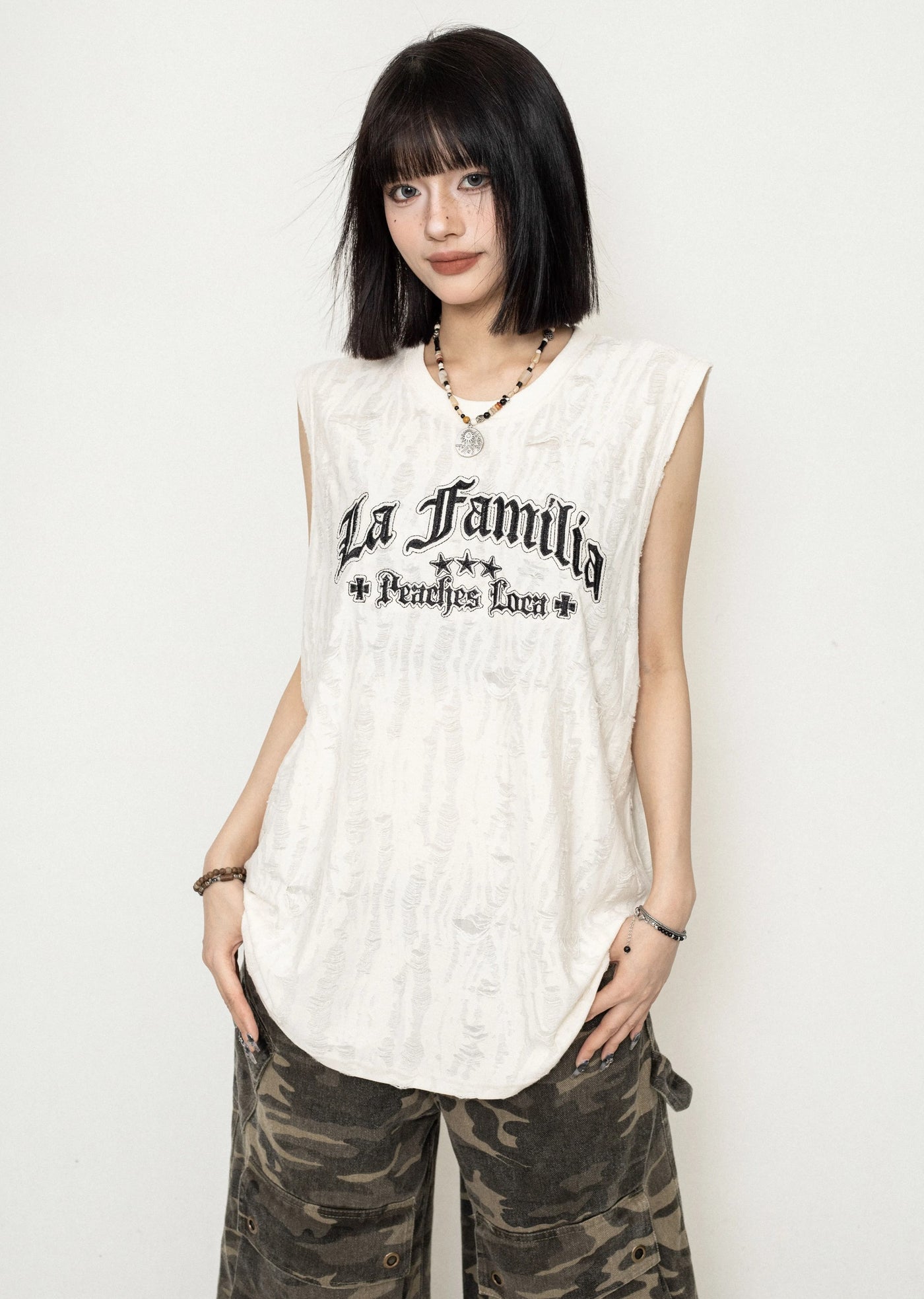 【ZERO STORE】All-over mid-distressed grunge style design sleeveless  ZS0038